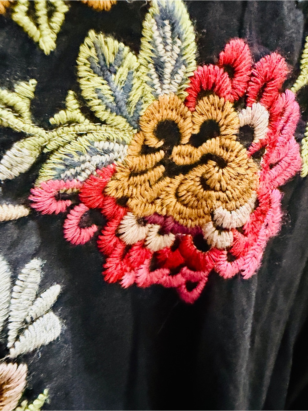 Embroidered Floral Detail Black Top with Multicolor Stitching